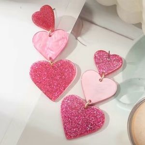 Pink Hot Pink Glitter Heart Dangle Valentine Love Earrings